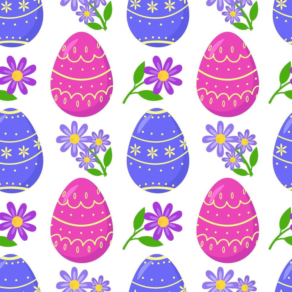 bunt Ostern nahtlos Muster mit Ostern Eier und süß Blumen, geeignet zum Ostern Textilien, Hintergrund, Hintergrund zum Postkarten, Einladungen. Vektor Design. Ostern Eier und Blumen- Muster.