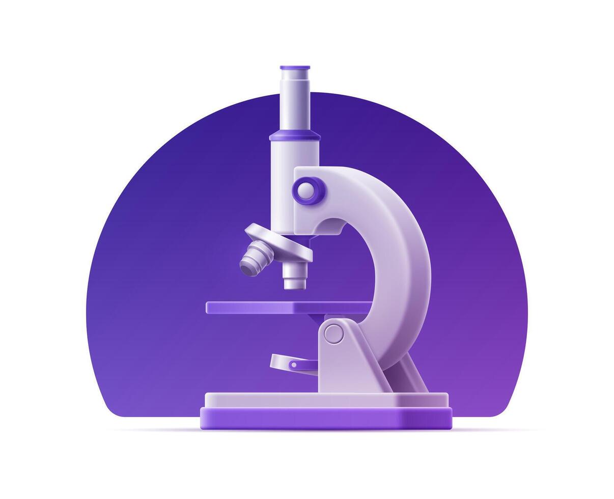 Realistisches Mikroskop 3d auf dem Hintergrund einer purpurroten Form. isolierte Cartoon-Illustration. Vektorvorlage für medizinisches Design. Konzept der Bildungstechnologie. medizinische Geräte für die Forschung vektor