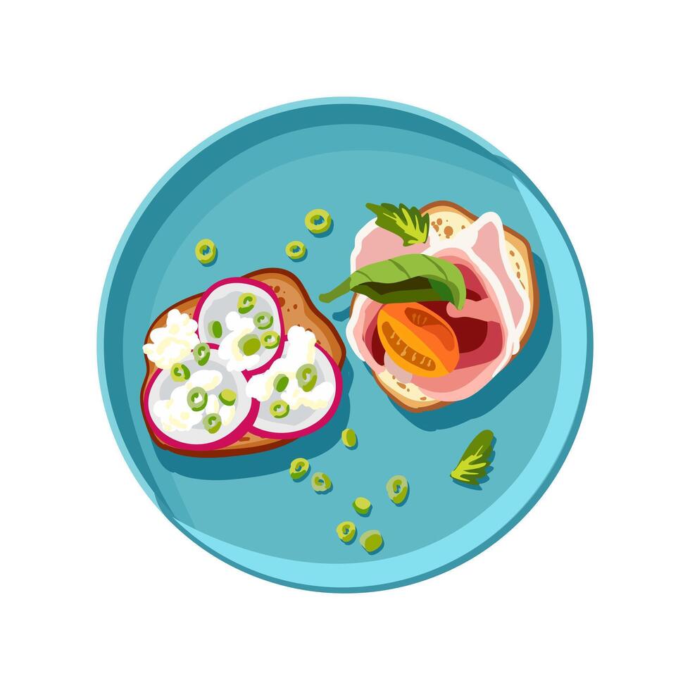 Vegetarier Bruschetta und Fisch Sandwich auf ein Türkis Platte. geschnitten Gemüse und Würstchen auf Toast. gesund Frühstück. vektor