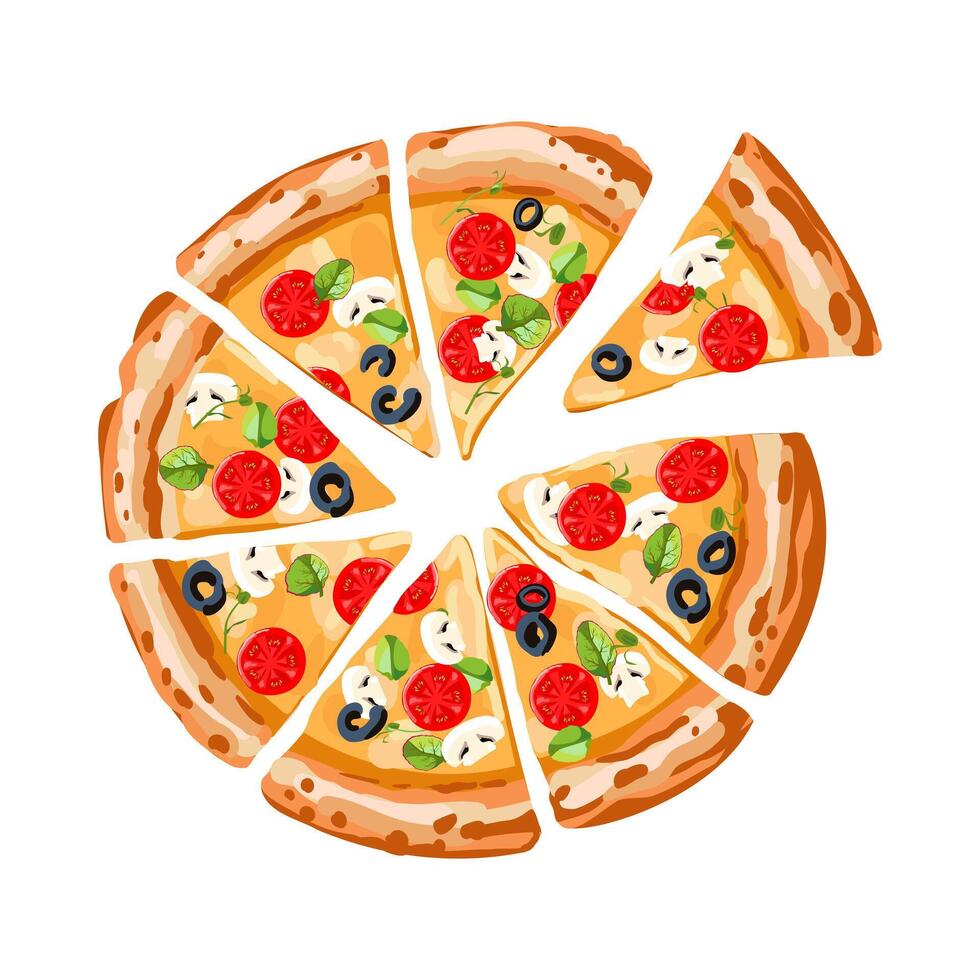 italiensk pizza skära in i bitar med tomater och ost, vektor illustration.