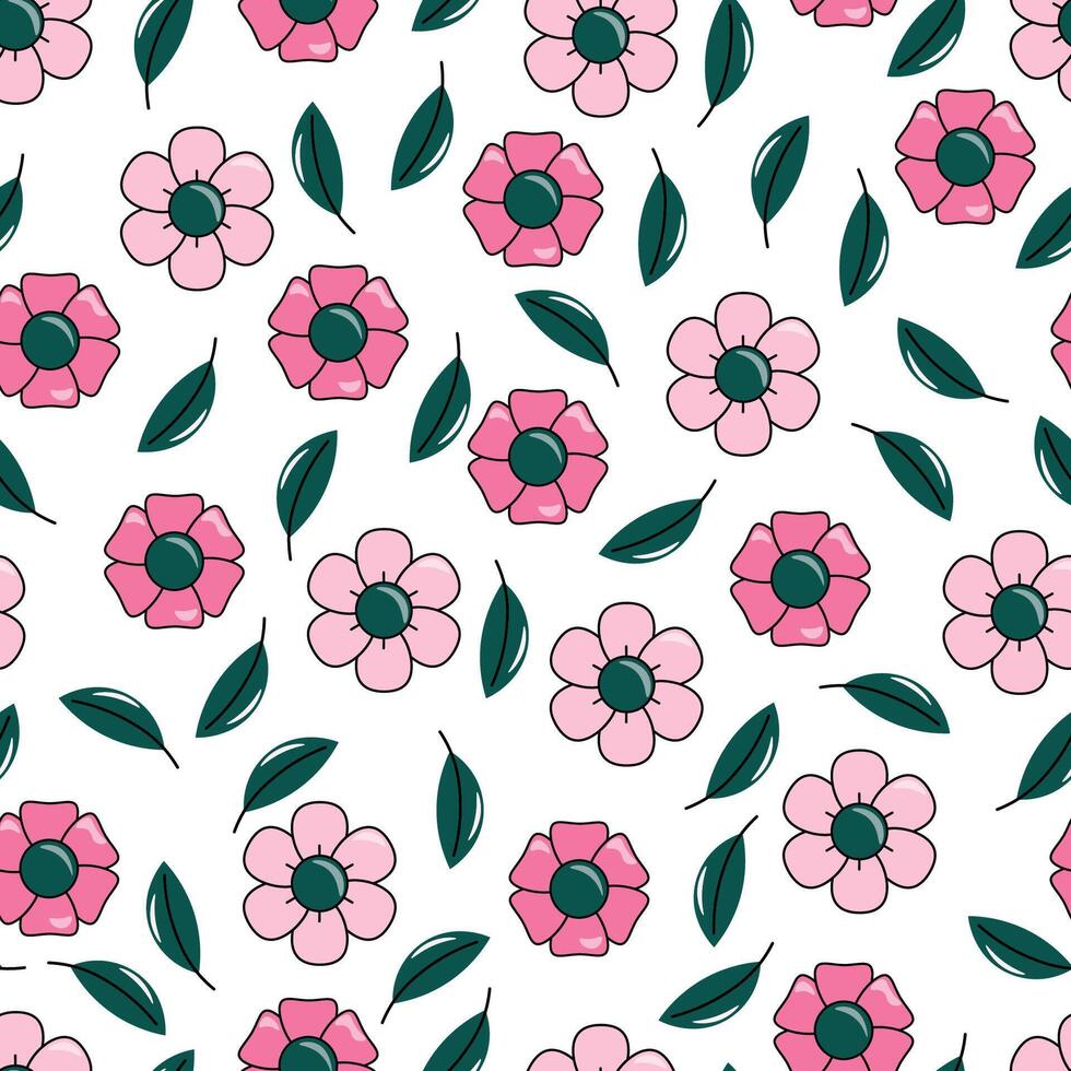 Sommer- nahtlos Muster mit süß Blumen im Karikatur Stil. Lager isoliert Bild auf ein Weiß Hintergrund. kreativ Textur zum Stoff, Papier. vektor