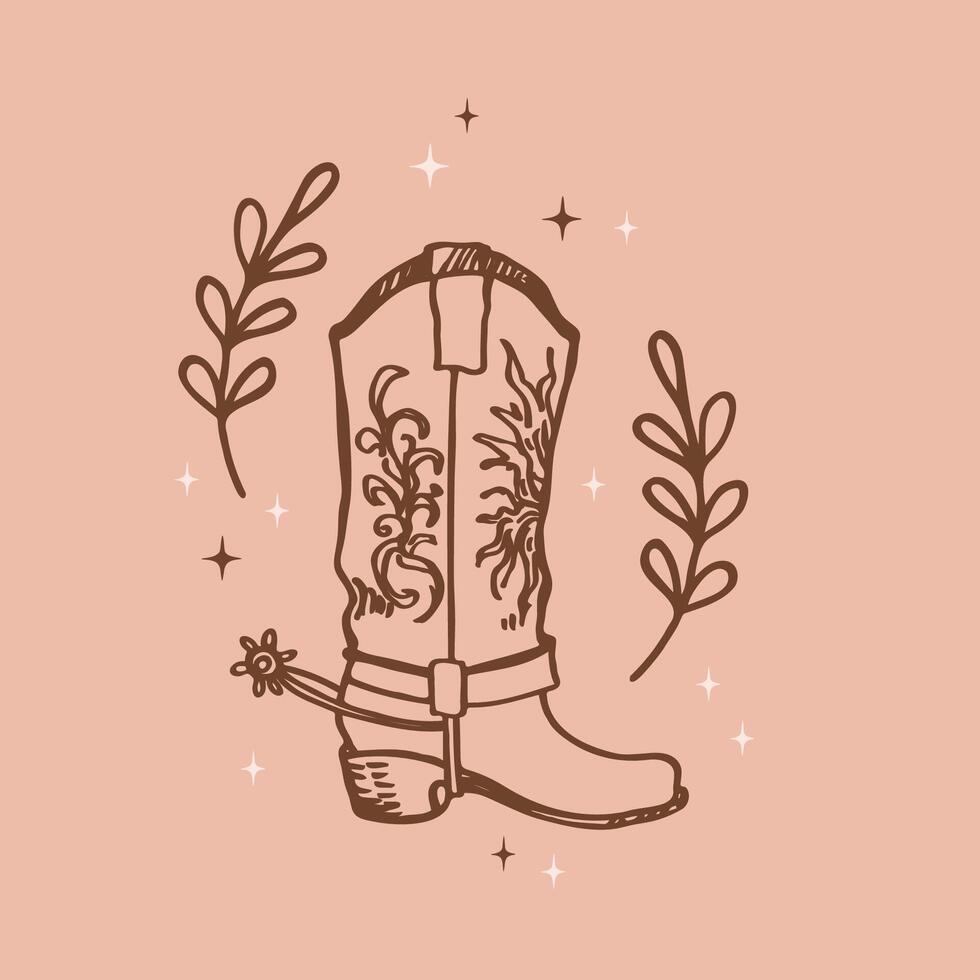 Cowboy Stiefel skizzieren Boho Hintergrund Hand gezeichnet Vektor Illustration wild Westen Schuhe und Sterne Design retro Element zum Poster, drucken, Karte, Symbol, Flyer, Papier, Verpackung. Lebensstil, Mode, Kunst