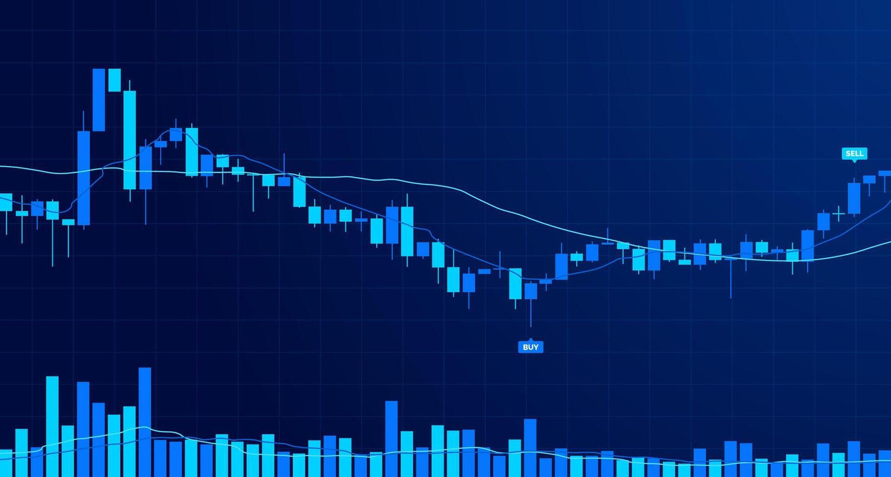 Kryptowährung Handel finanziell Markt Kerzen und Indikatoren mit Volumen Diagramm Blau Farbe Technologie Hintergrund. Handel Diagramm von Devisen, Kryptowährung, Lager Markt und binär Möglichkeit. vektor