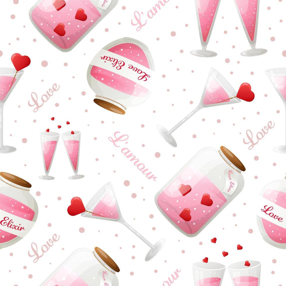 sömlös mönster med tecknad serie rosa kärlek elixir. illustration för hjärtans dag. mönster för gåva omslag, tyg, vykort vektor