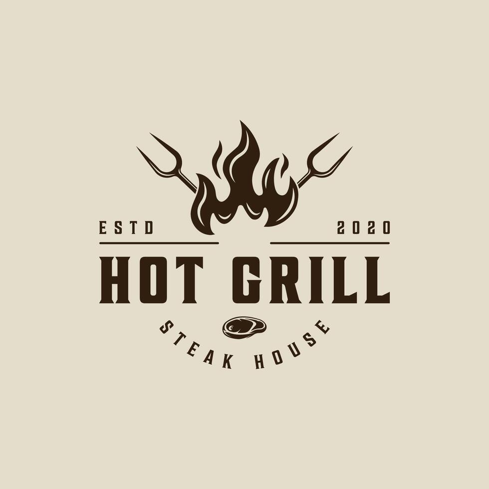 Grill Logo Jahrgang Vektor Illustration Vorlage Symbol Grafik Design. Grill Grill mit Flamme Zeichen oder Symbol zum Essen Restaurant Steak Haus mit retro Typografie Stil