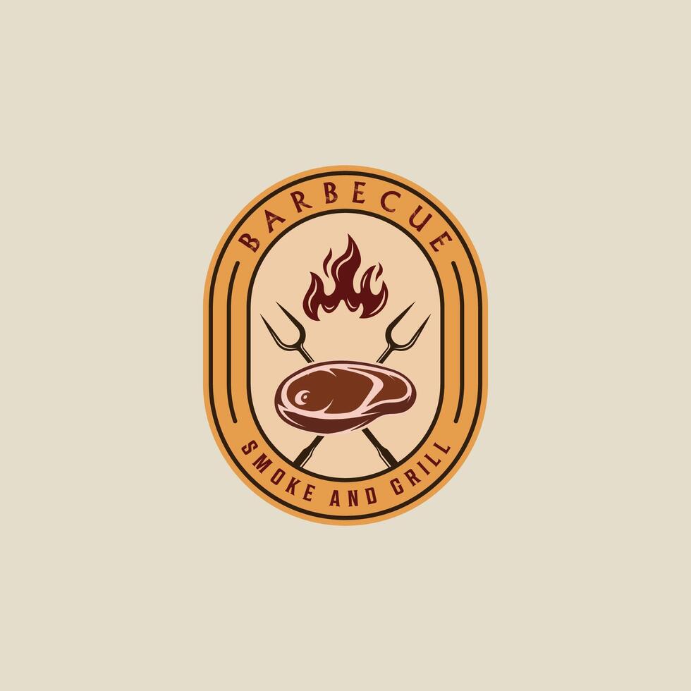 utegrill biff logotyp emblem vektor illustration mall ikon grafisk design. bbq grill med flamma och kött gaffel tecken eller symbol för mat restaurang biff hus med bricka retro typografi stil
