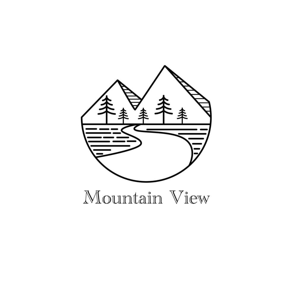 Berg Aussicht Monoline Vektor Illustration zum Logo, Vorlage, Symbol, Zeichen, Design, usw