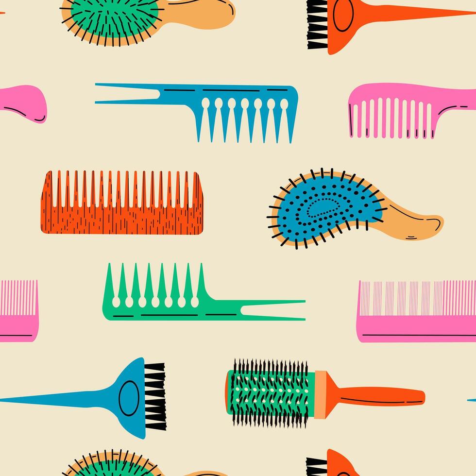 sömlös mönster med flerfärgad hår kammar på en beige bakgrund. vektor illustration.concept av hår salong, frisör.