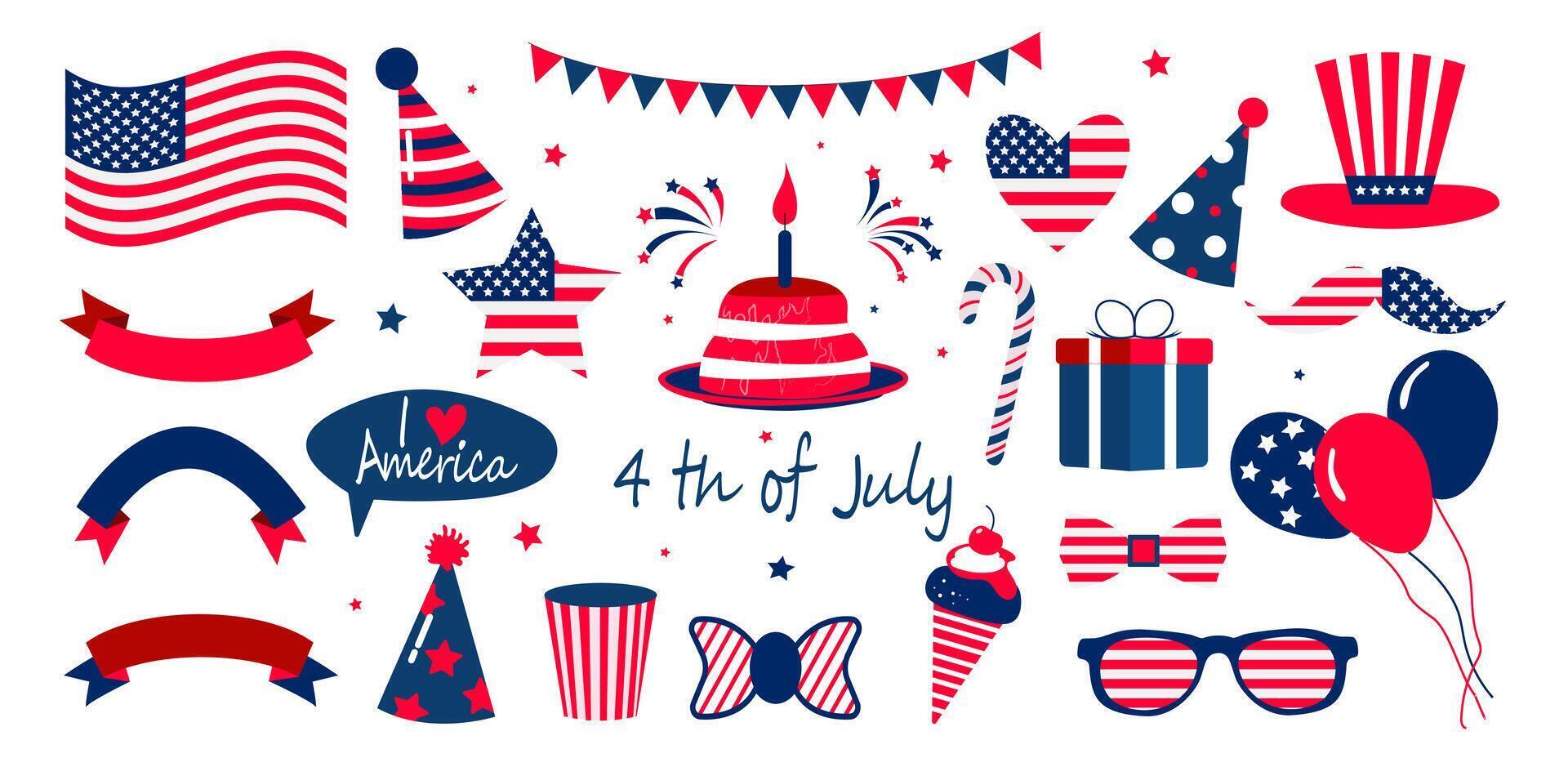 vereinigt Zustände von Amerika National Symbole zum Unabhängigkeit Tag. 4 .. von Juli Clip Art. Vektor Abbildungen im retro Farben isoliert auf Weiß Hintergrund.