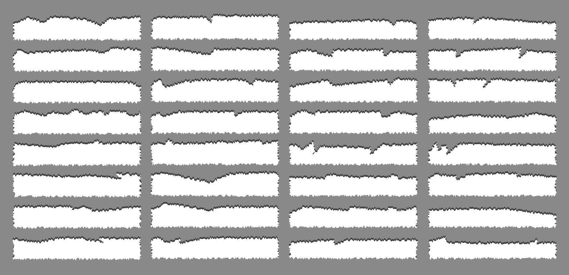 bitar av trasig vit notera papper annorlunda former isolerat på grå bakgrund realistisk vektor illustration, anteckningsblock trasig papper för meddelande notera, sida eller baner och kartong tom rev bit remsor