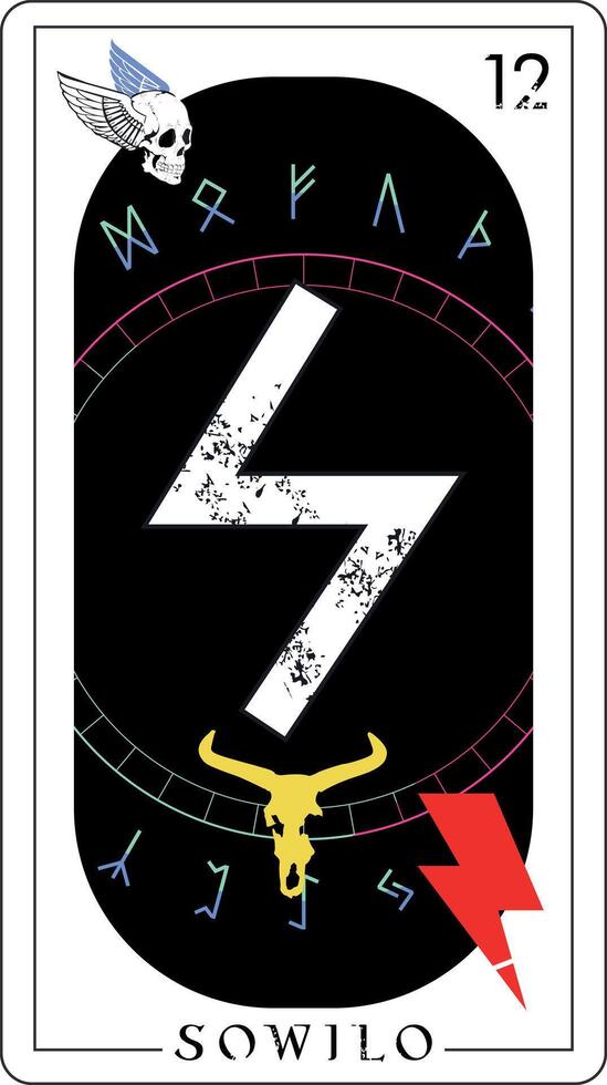 viking tarot kort med run- alfabet. brev kallad sowilo längs med en behornad djur- och en blixt symbol. vektor