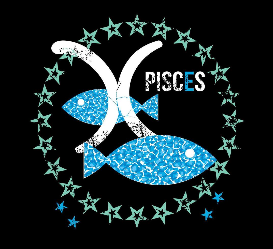 t-shirt design av de pisces symbol längs med en cirkel av stjärnor och två himmelsk fisk på en svart bakgrund, vektor