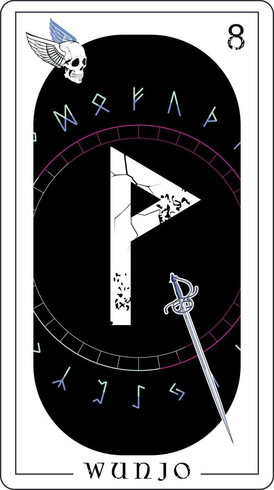 Wikinger Tarot Karte mit Runen Alphabet. Runen Brief namens Wunjo Nächster zu ein mittelalterlich Schwert. vektor