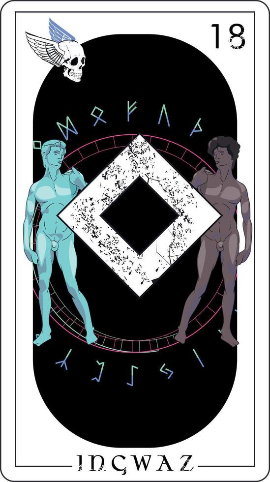 Wikinger Tarot Karte mit Runen Alphabet. Runen Brief namens ingwaz Nächster zu zwei jung Männer. vektor