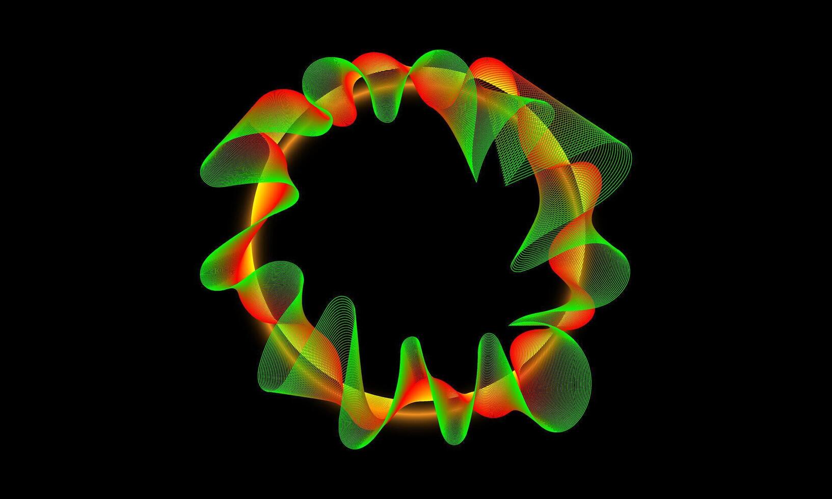 Wissenschaft, Technologie, Klang Welle, und Digital Kommunikation Konzepte. fließend Linien und Punkte von Grün und Orange Kreis Welle Muster auf ein schwarz Hintergrund. vektor
