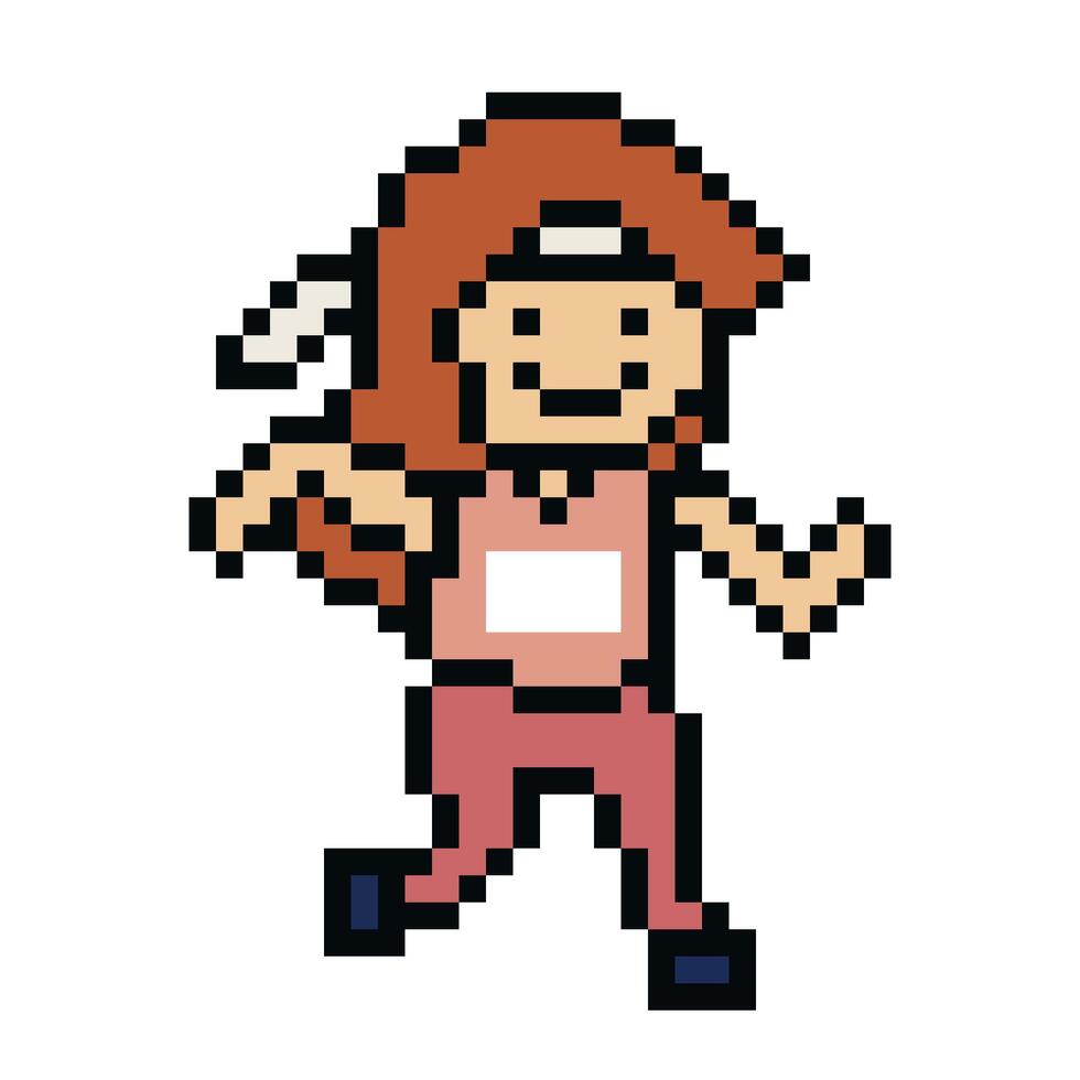 süß Pixel Karikatur 8 Bit Charakter Frau Lauf oder Laufen Lebensstil Vektor zum Dekoration Leben Stil 8 bisschen weiblich Mädchen Marathon- mit Lätzchen Übung Vektor.
