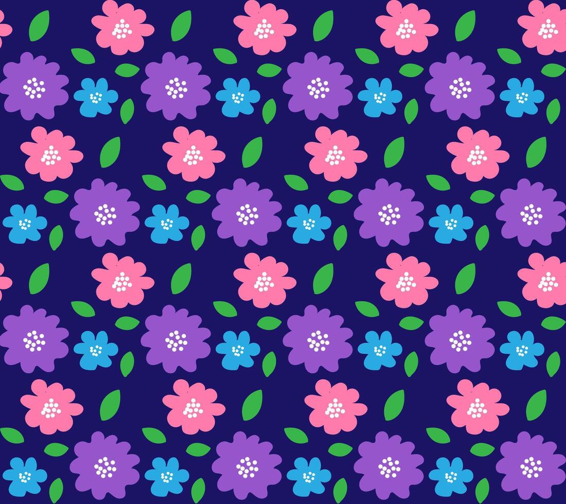 nahtlos Vektor Textur im das bilden von ein Blumen- Muster von lila und Rosa Blumen auf ein Blau Hintergrund