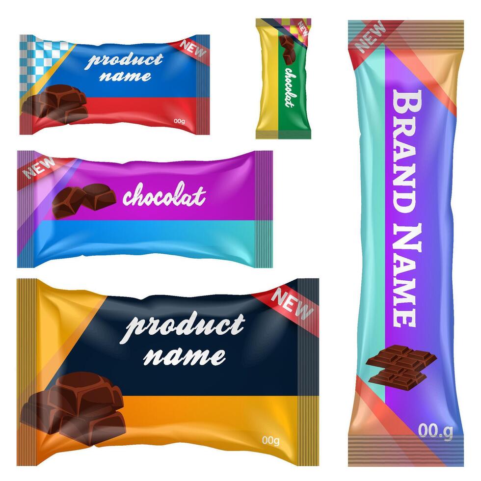 choklad bar av godis bar uppsättning isolerat på vit bakgrund. sötsaker snacks barer paket mallar. efterrätt mat vektor illustration