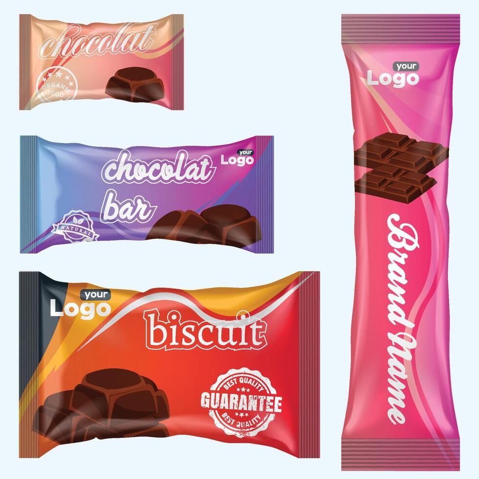 strömma packa och choklad bar. vit mellanmål paket mall för småkakor, kex, rån. tom choklad bar attrapp förbi folie strömma packa på transparent tillbaka. vektor