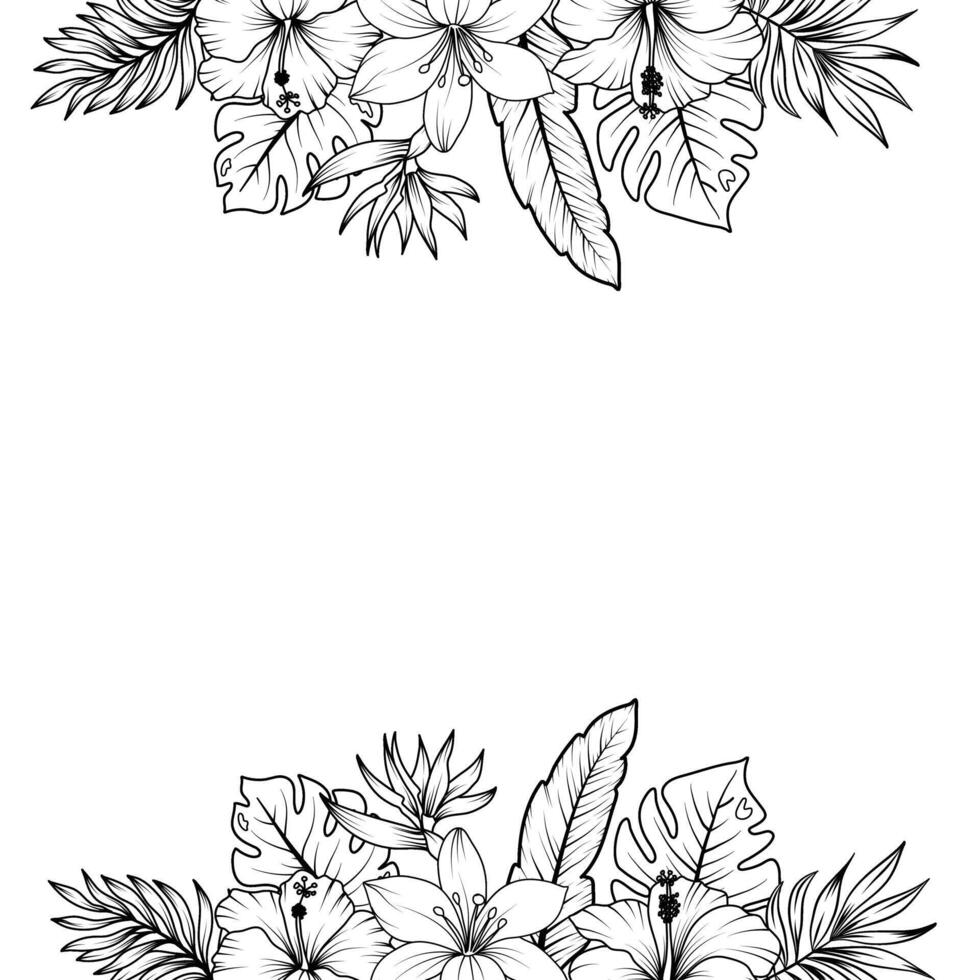 Rand mit Skizzen von tropisch Blätter und Blumen vektor