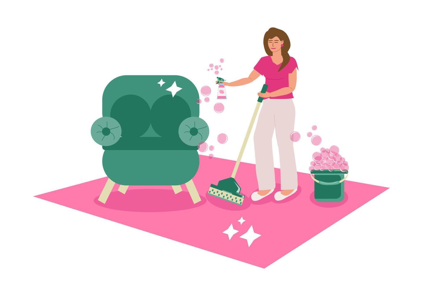 en ung kvinna är rengöring de hus. hemmafru rengöring matta med mopp och rengöring produkt i händer i rum. hushåll sysslor, hygien. vektor illustration