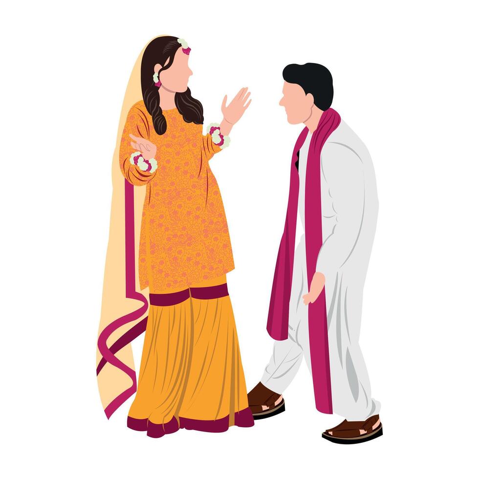 Vektor süß indisch Paar Karikatur im traditionell Kleid posieren zum Hochzeit Einladung Karte Design
