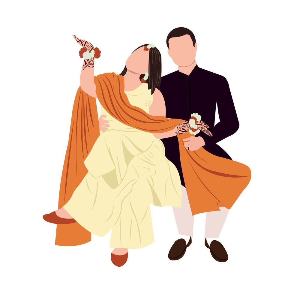 Vektor süß indisch Paar Karikatur im traditionell Kleid posieren zum Hochzeit Einladung Karte Design