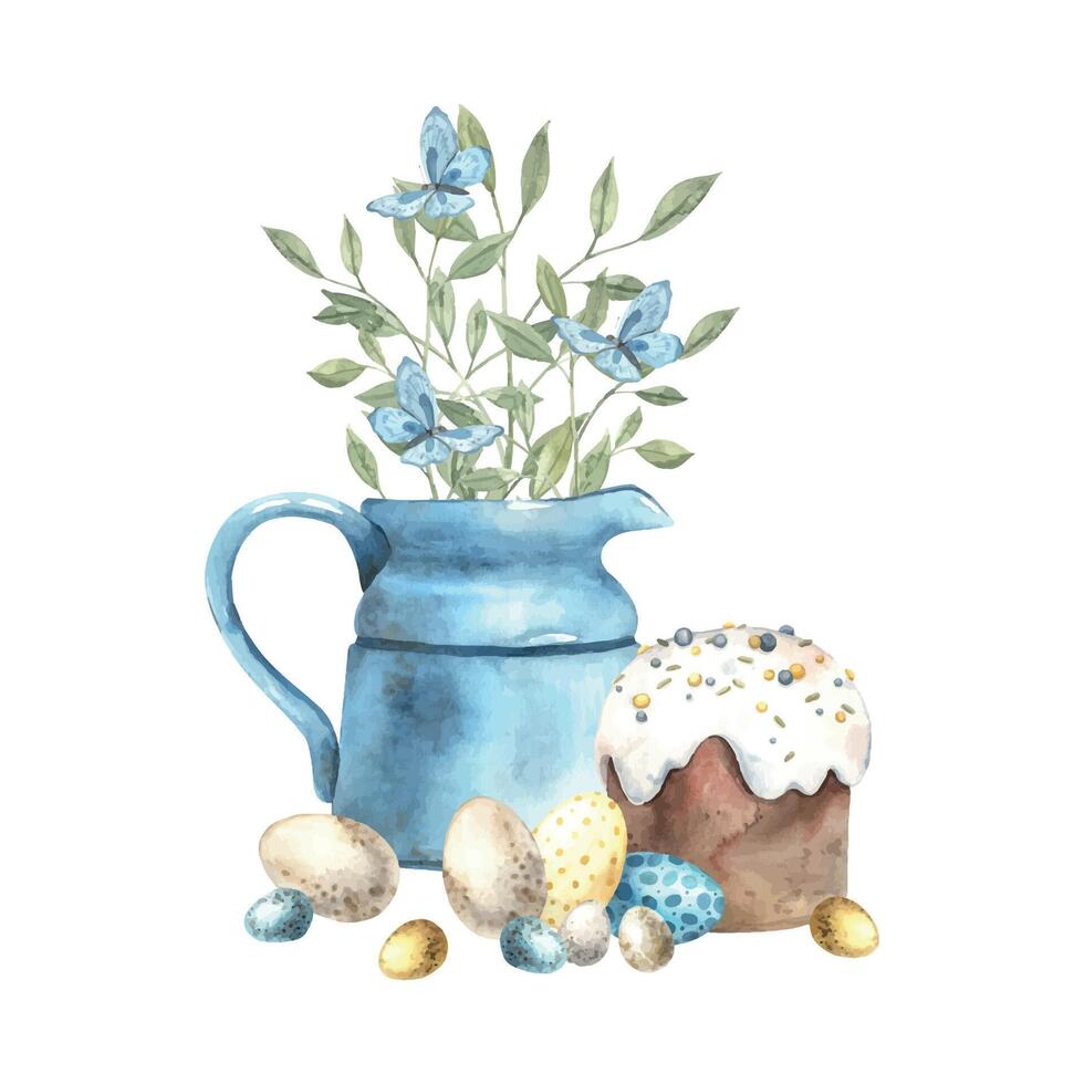 vattenfärg illustration av Lycklig påsk med påsk kaka, ägg, fjärilar, trädgård vattning burk, grön växt. hand dragen isolerat på en separat bakgrund. lämplig för hälsning kort, taggar, skriva ut, vektor