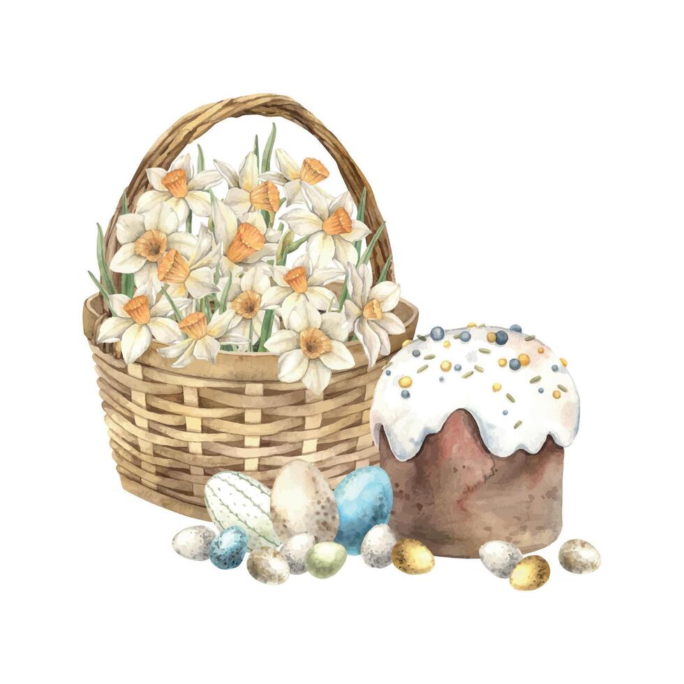 Aquarell Ostern Komposition mit ein Korbweide Korb und Narzissen Ostern Kuchen und Eier. Hand gezeichnet Abbildungen auf isoliert Hintergrund zum Gruß Karten, Einladungen, Poster, Design, drucken, Etikette vektor