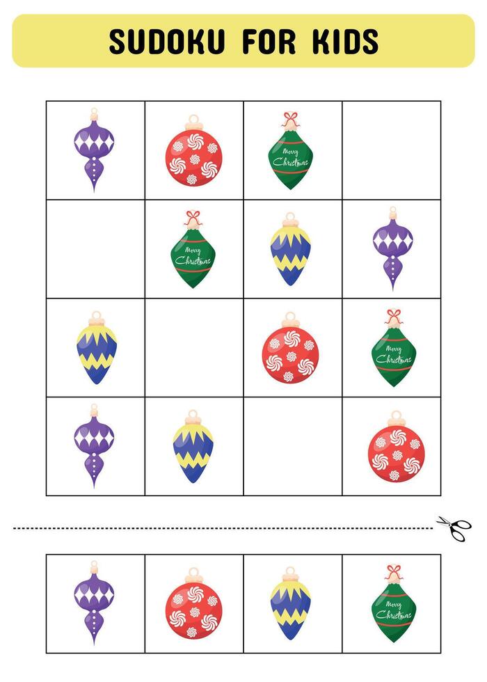 sudoku spel med jul träd leksaker för förskolebarn. logik och pedagogisk spel. utbildning utvecklande arbetsblad. aktivitet sida med bilder. pussel spel för barn. vektor