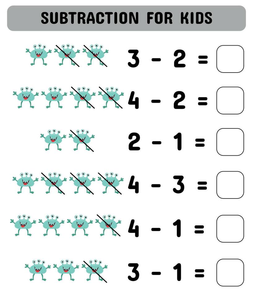 subtraktion spel för barn med söt monster. pedagogisk matematik spel. tryckbar kalkylblad design. inlärning matematik. vektor