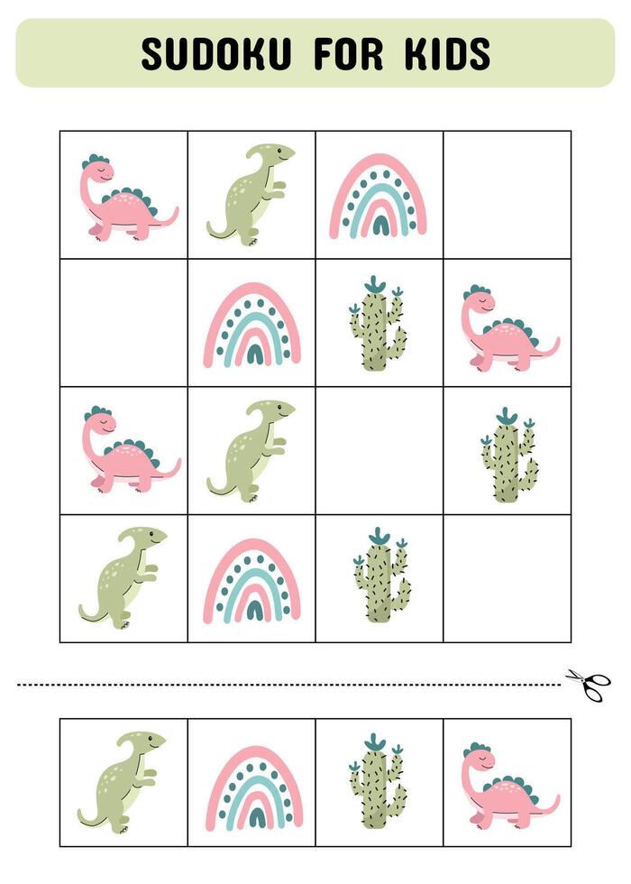 sudoku för barn med söt dinosaurier. en logik spel för förskolebarn. tryckbar ark. vektor illustration