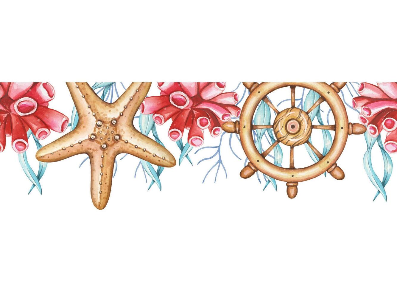 marin sömlös gräns med tång, sjöstjärna, roder, vattenfärg vektor