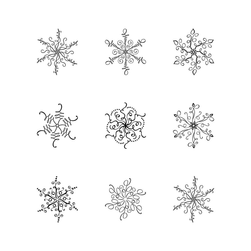 uppsättning jul vektor kalligrafiska snöflingor. handritad ikon i trendig platt stil isolerad på vit bakgrund. xmas snö vinter illustration