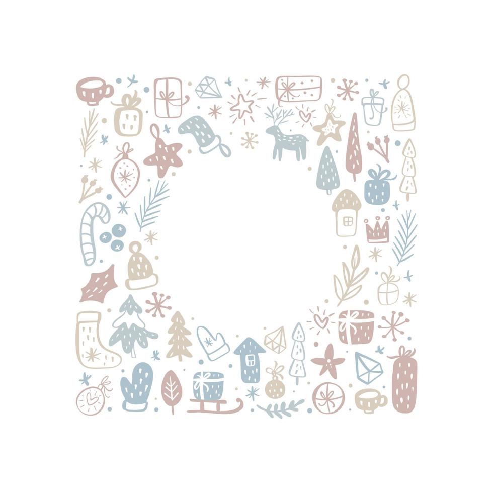 jul fyrkantig ram av xmas doodle skandinaviska element med plats för text. vektor semester gräns krans gratulationskort för vintersemester god jul och gott nytt år
