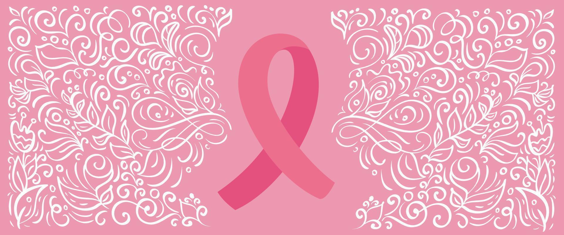 stilisierte rosa Vektor Banner Band von Brustkrebs für Oktober ist Krebs Bewusstsein Monat. Kalligraphieillustration auf rosa blühendem Hintergrund