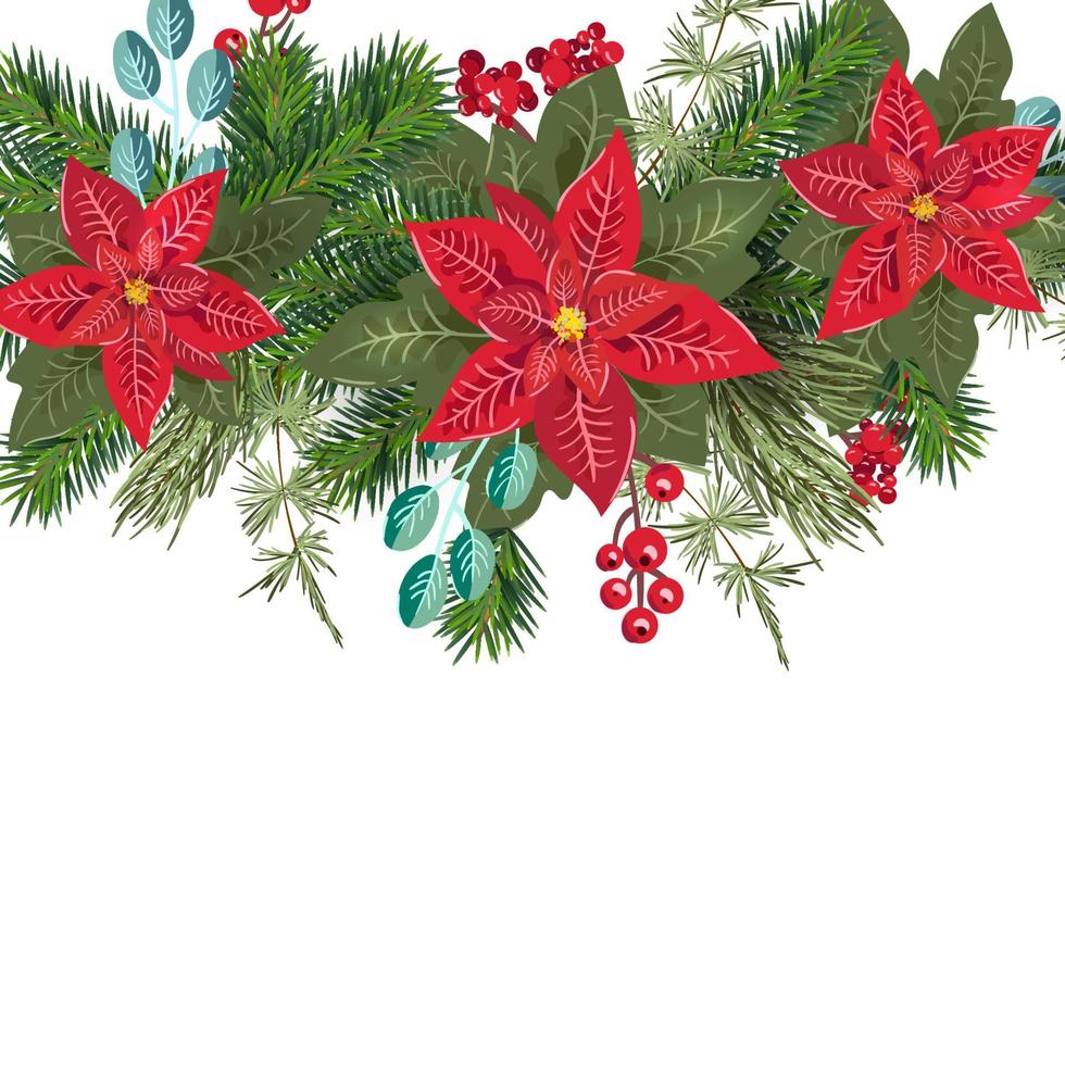 jul vektor blommig sammansättning krans med vinter kon grenar och bär. modern design för semester inbjudningskort affisch, banner gratulationskort, vykort förpackning utskrift