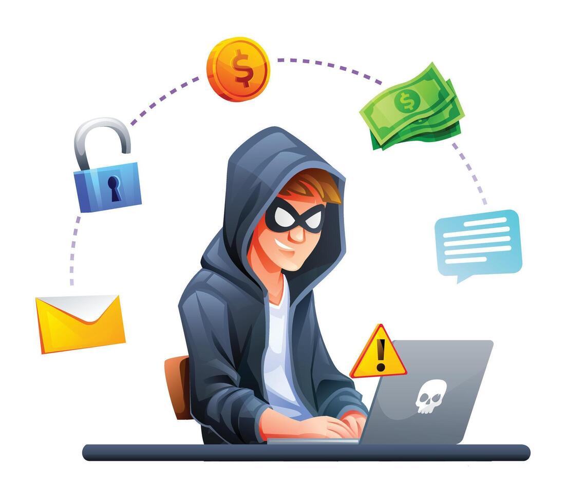 Hacker mit Laptop Computer stehlen Information und geheim Daten. Cyber Attacke und Sicherheit Konzept. Vektor Karikatur Illustration