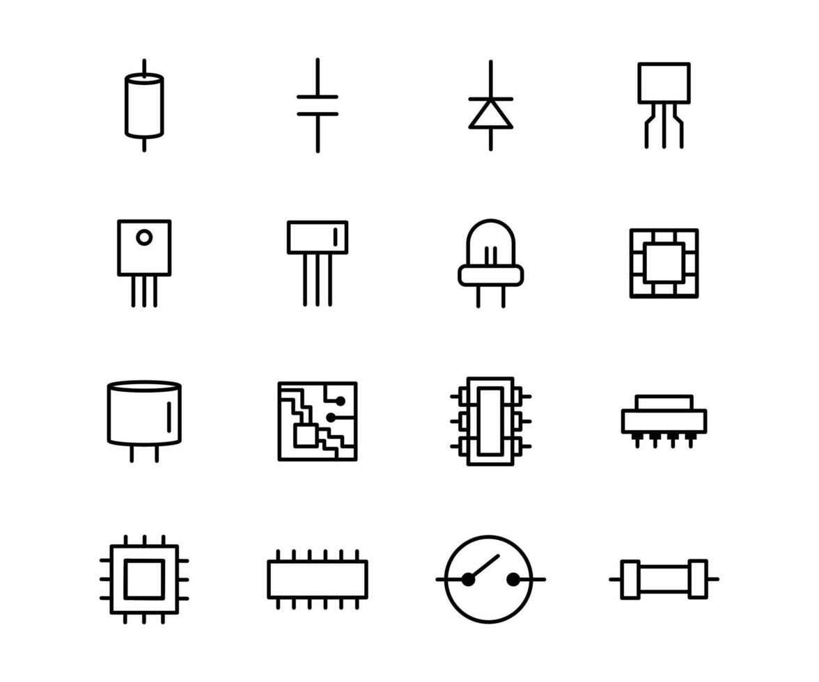 Vektor schwarz Linie Symbol einstellen elektronisch Komponente. Computer Digital Datum Hardware- Chip und Elektrizität Piktogramm. Leistung Element Technik Gerät und Sammlung Mikrochip Industrie