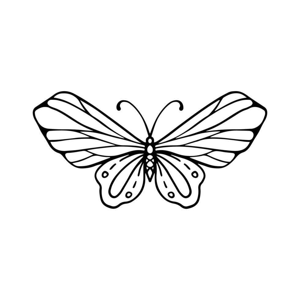 Schmetterling Linie Kunst. einfach minimal Schmetterling Linie tätowieren Symbol Logotyp. Schmetterling schwarz und Weiß Illustration Weiß Hintergrund. Schmetterling Färbung Buch vektor