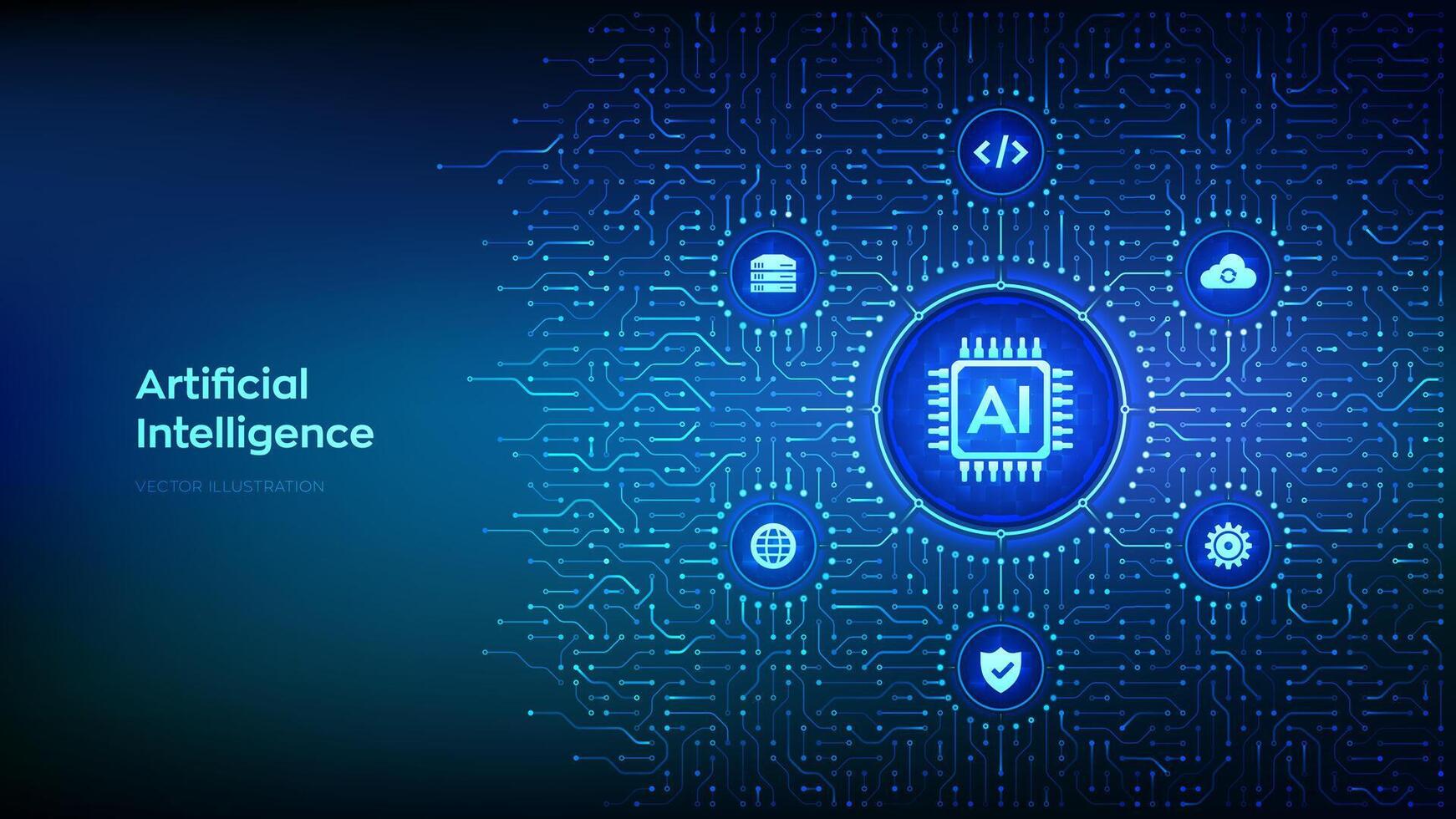 ai. artificiell intelligens. maskin inlärning teknologi. stor data analys. djup inlärning. neuralt nätverk. bakgrund med krets styrelse anslutningar och tech ikoner. vektor illustration.