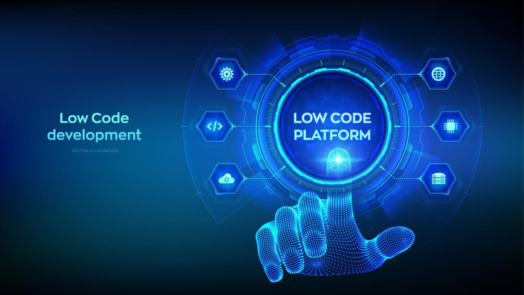 niedrig Code Plattform und Nein Code Entwicklung Technologie Konzept. lcdp und ncdp - - Software Entwicklung mit grafisch Schnittstellen. Drahtmodell Hand berühren Digital Schnittstelle. Vektor Illustration.