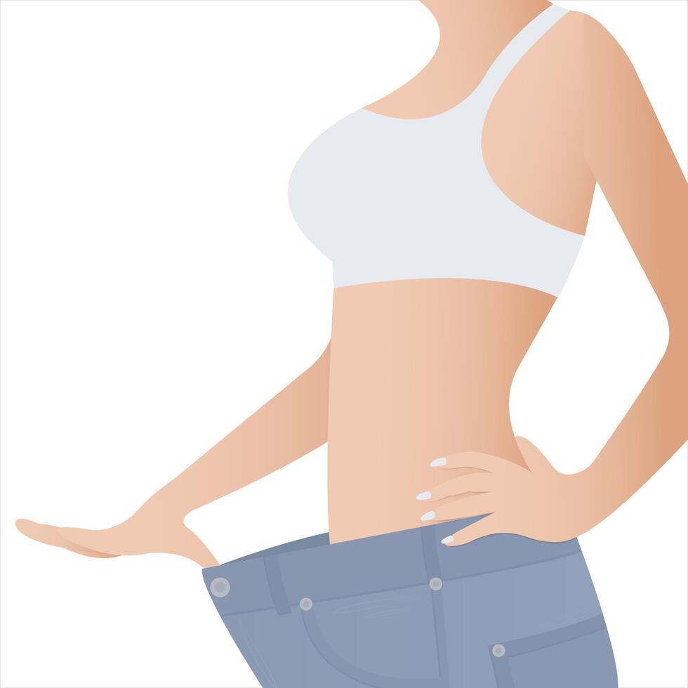 ein Frau im Jeans zeigt an Wie sie hat hat verloren Gewicht, ist auf ein Diät, hat ein dünn Körper, ein sportlich eben Magen, und ein Ideal Taille. weiblich Zahl vektor