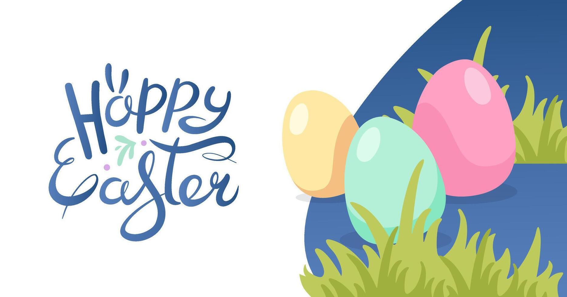 Lycklig påsk horisontell baner. färgad påsk ägg på gräs och hand dragen text. enkel blå hälsning baner. festlig bakgrund för inbjudningar. vektor platt illustration.