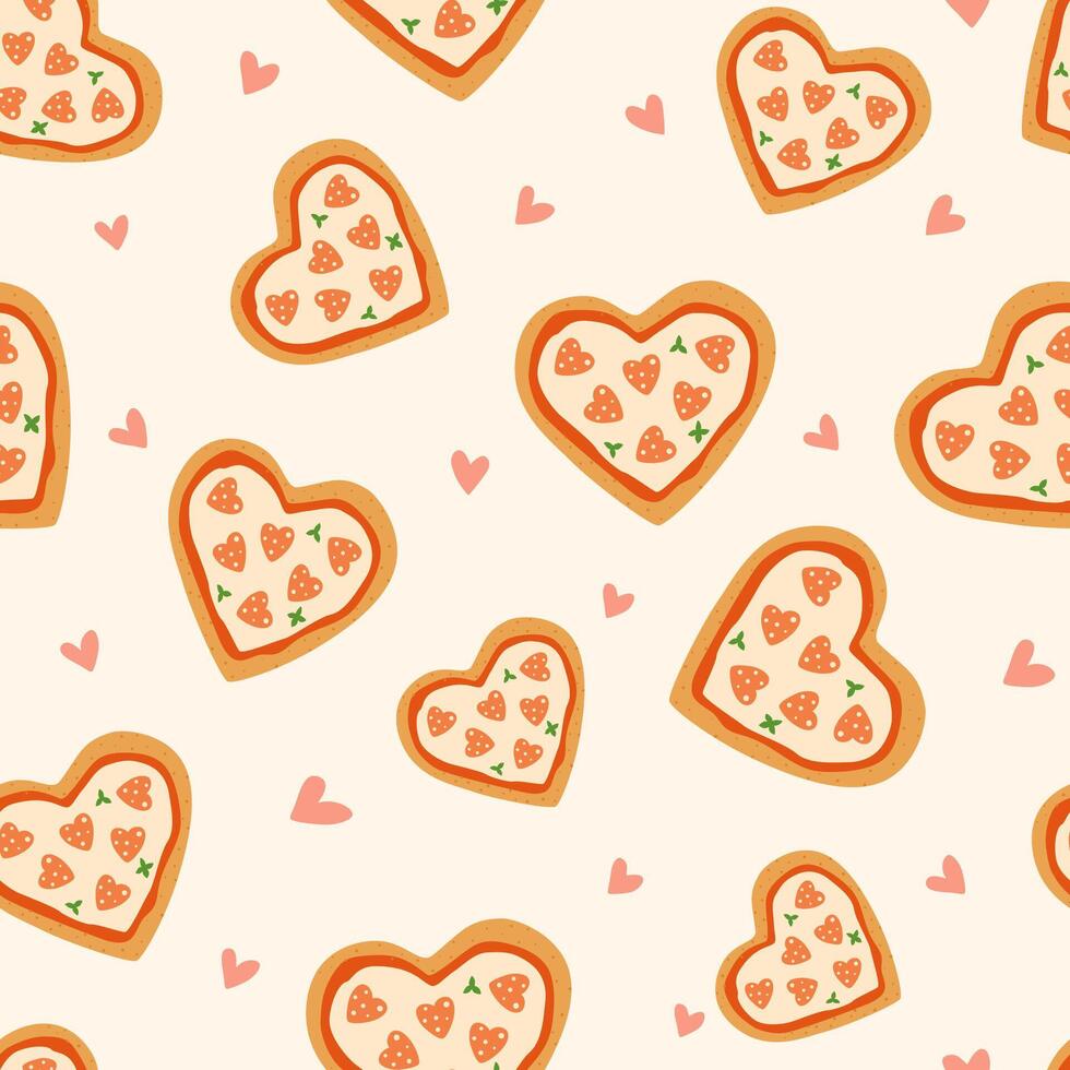 Pizza Herz nahtlos Muster im Rosa und Beige Farben zum Valentinsgrüße Tag. Vektor romantisch wiederholen Hintergrund, schön drucken, süß Scheibe von Pizza, komisch Hintergrund, Textil- Design, lecker Essen Illustration