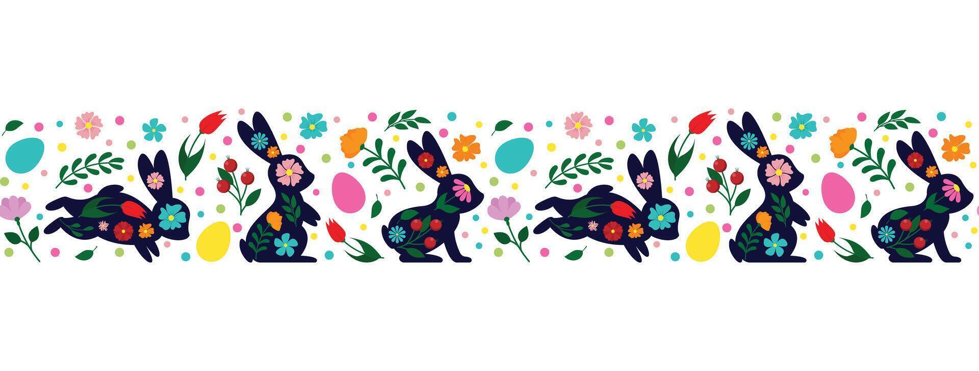 Lycklig påsk, dekorerad påsk kort, baner. kaniner, påsk ägg, blommor och korg. folk stil mönstrad design vektor