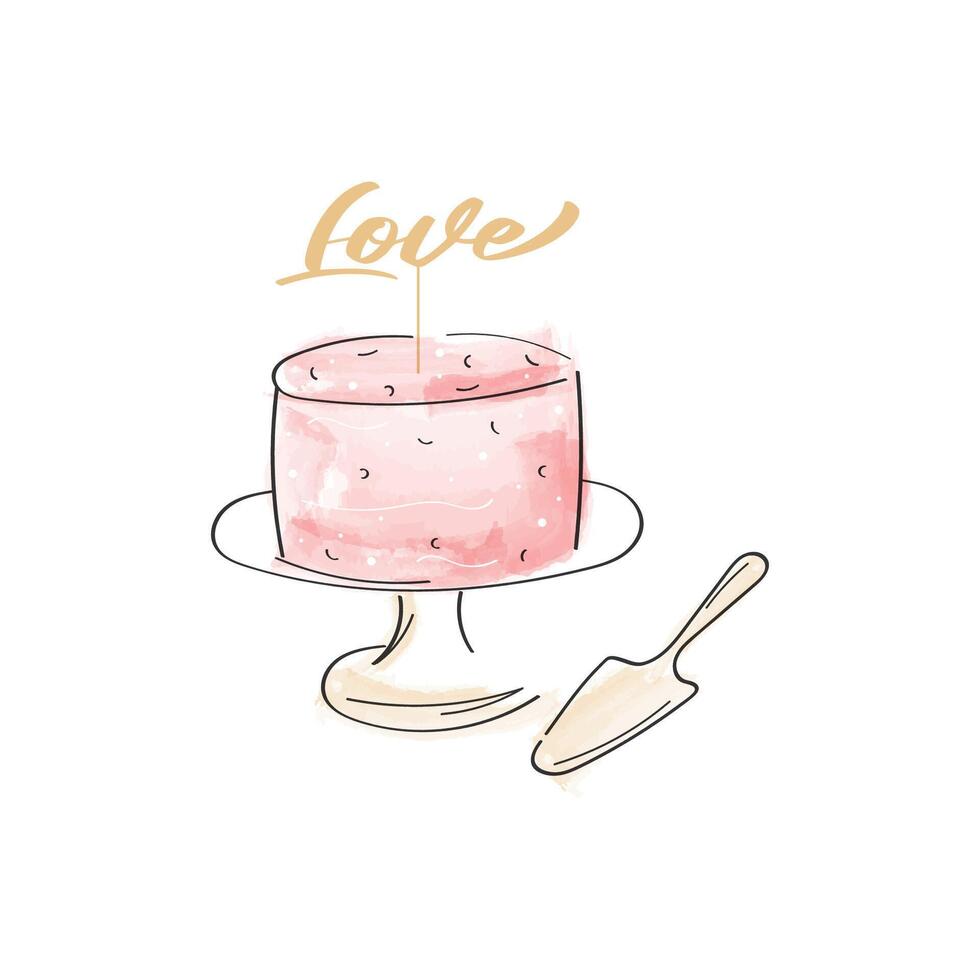 elegant klotter kaka med ord kärlek garnering. hand dragen vattenfärg firande design. vektor