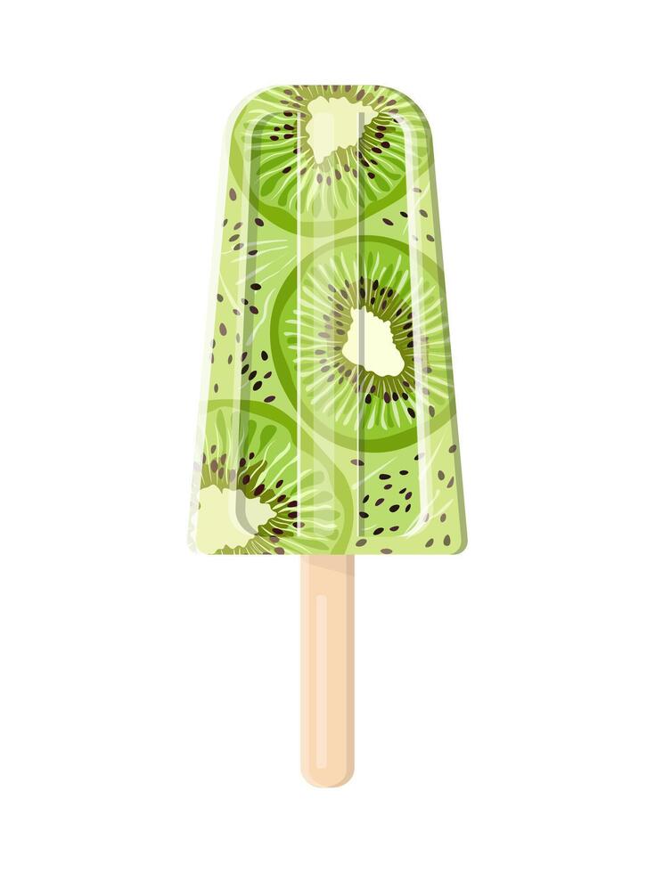 köstlich Kiwi Obst Eis Sahne auf ein Stock. Vektor Bild auf ein Weiß Hintergrund. Vorderseite Sicht.