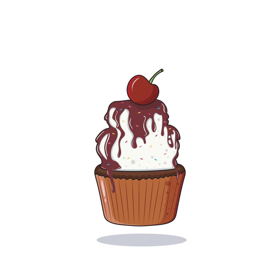 cremig Cupcake Kirsche auf oben mit geschmolzen tropft Schokolade und Sträusel Vektor Illustration