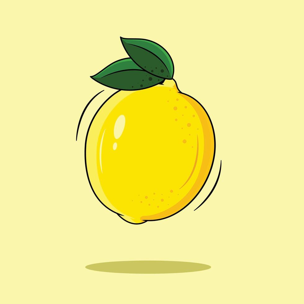 färsk citron- frukt med två grön löv isolerat på ljus gul bakgrund, vektor illustration